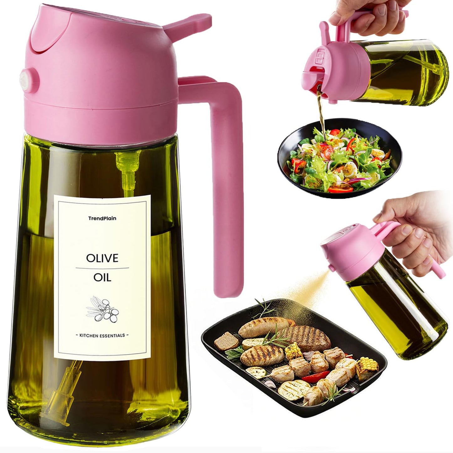 TrendPlain Butelka z dozownikiem oliwy z oliwek do kuchni, dozownik oleju 2 w 1 i rozpylacz oleju do gotowania, frytownicy powietrznej, sałatki, bez BPA, 470 ml (Czarny-1)